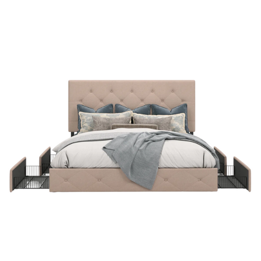 Button Tufted Upholstered Platform Storage Bed – Full Double Size with Spacious Drawers