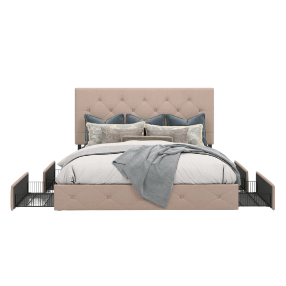 Button Tufted Upholstered Platform Storage Bed – Full Double Size with Spacious Drawers