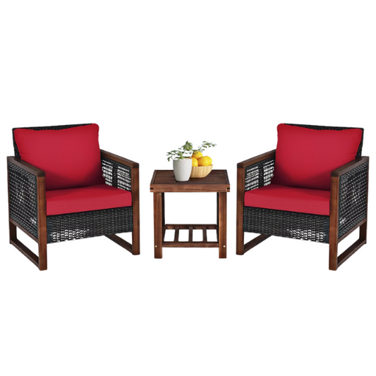 3-Piece Patio Wicker Furniture Set | Rattan Outdoor Sofa with Washable Cushions and Acacia Wood Coffee Table | Perfect for Garden and Backyard