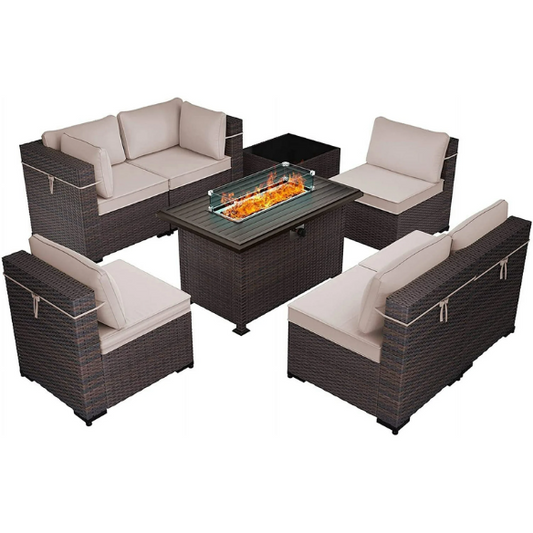 8-Piece Patio Furniture Set with 40" Fire Pit Table | Outdoor Wicker Sectional Sofa Set with Coffee Table | Perfect for Garden Gatherings
