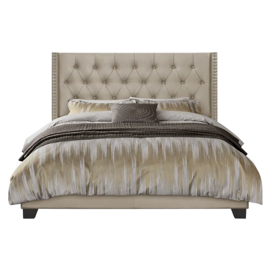 King Size Upholstered Low-Profile Bed with Wingback Headboard, Button Tufting, and Nailhead Trim – Glamorous, Traditional Design with Flared Legs
