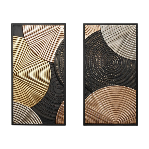 Modern Abstract Metal Wall Art (Set of 2) – Elegant Iron Sculpture with Textured Discs in Gold, Black, Rose Gold, and Gray for Bold, Contemporary Home Decor