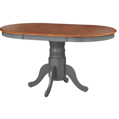 Farmhouse Solid Rubberwood Dining Table with 22-Inch Extension Leaf – Pedestal Base, Seats 6, Available in Oak, Matte Black, White/Natural, Grey/Walnut Finishes