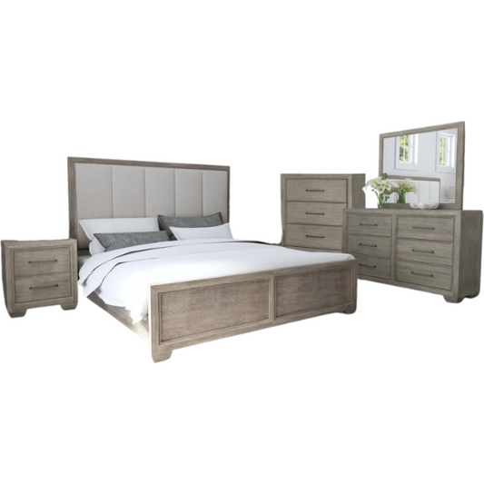 6-Piece Gray Wood Bedroom Set with Upholstered Panel Bed, Dresser, Mirror, 2 Nightstands, and Chest – Elegant and Timeless Design