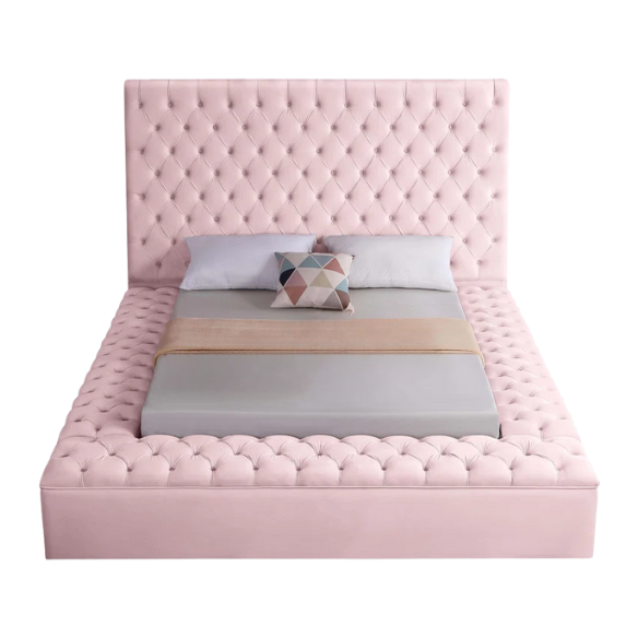 Elegant Velvet Upholstered King Size Platform Storage Bed with Tufted Headboard and Slats