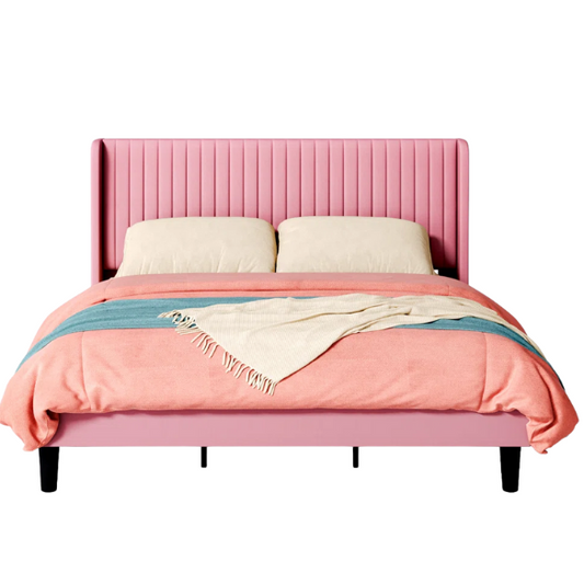 Luxurious King Size Upholstered Velvet Platform Bed with Modern Wingback Headboard – Heavy-Duty Steel Frame, No Box Spring Needed, and Ample Under-Bed Storage