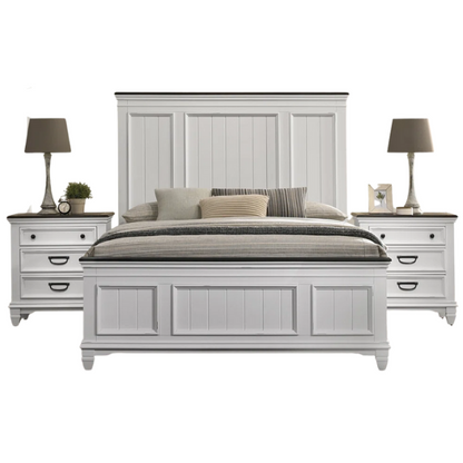 Modern Farmhouse 3-Piece Queen Bedroom Set with Natural Wood Trim, Featuring a Stylish Wooden Bed