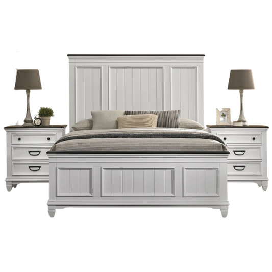 Modern Farmhouse 3-Piece Queen Bedroom Set with Natural Wood Trim, Featuring a Stylish Wooden Bed