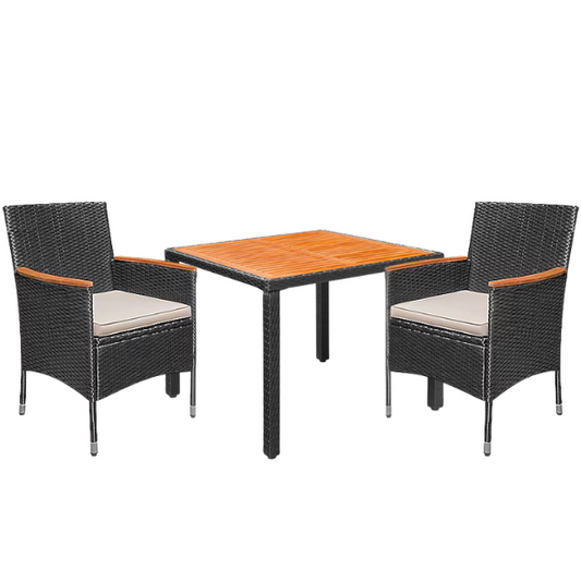 Outdoor Patio Dining Set | Acacia Wood Table and Chairs with Plush Cushions | Stylish Wicker Patio Furniture for Comfort and Elegance