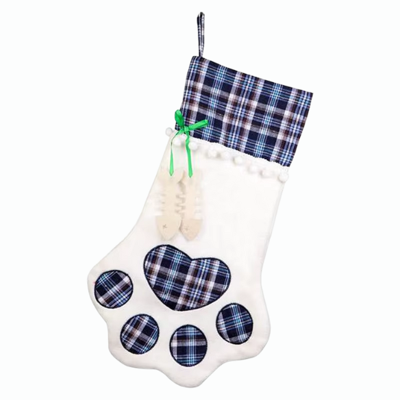 Blue Plaid Paw Christmas Stocking – Festive Holiday Decor & Gift Holder for Pets