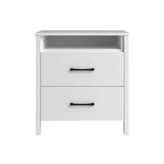 22.7" 2-Drawer Nightstand – Space-Saving Modern Minimalism, Engineered Wood with Clean-Lined Silhouette, Neutral Finish, Open Cubby & 2 Spacious Drawers for Bedroom Storage, Ideal for Tech & Accessories