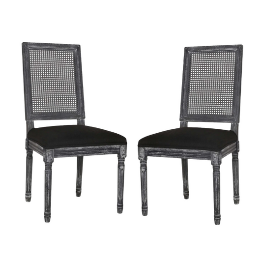 French Country Wood and Cane Upholstered Dining Chairs – Weathered Rubberwood Frame with Fluted Legs & Rectangular Cane Backrest