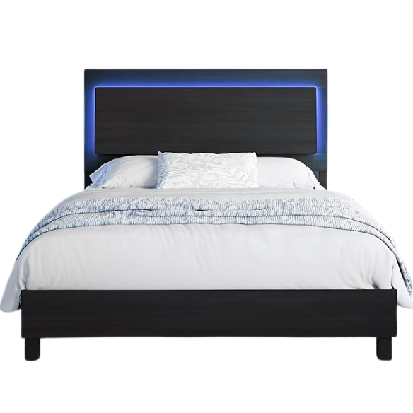 Modern King Size Wood Bed Frame with LED-Integrated Headboard & Adjustable Features for Ultimate Comfort