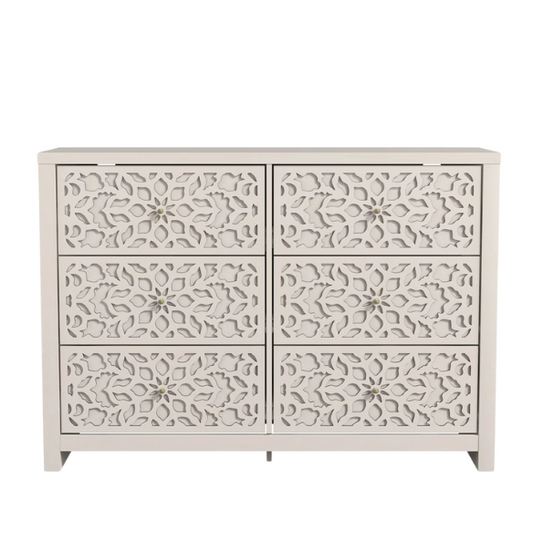 Boho-Inspired 45.4" 6-Drawer Dresser with Distressed Finish and Openwork Floral Details