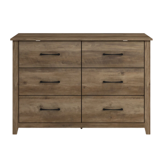 Modern 6-Drawer Double Dresser with Flared Feet and Sleek Black Metal Handles