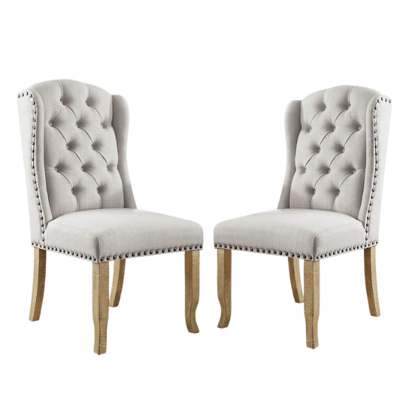 Neutral Ivory Wingback Dining Chairs – Set of 2, Tufted Back & Rustic Pine Legs