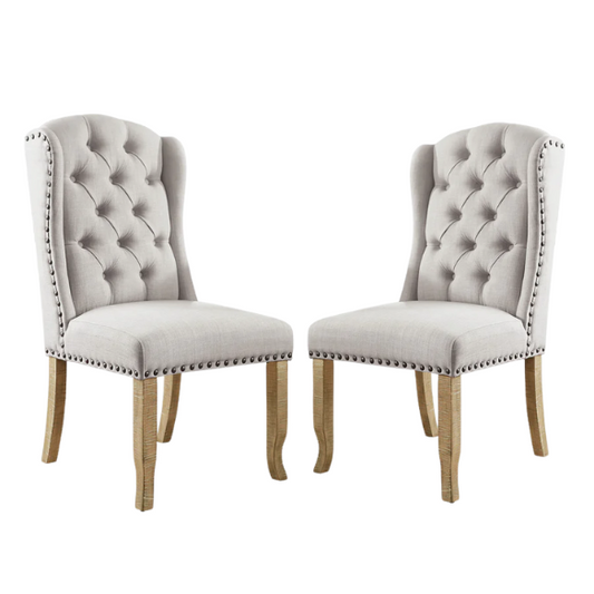 Neutral Ivory Wingback Dining Chairs – Set of 2, Tufted Back & Rustic Pine Legs