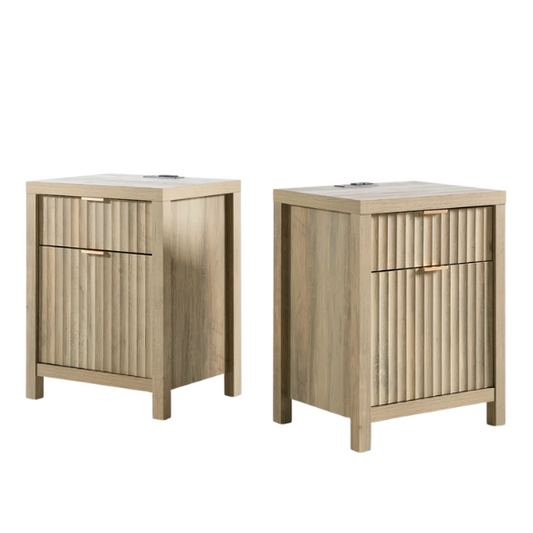 2-Drawer Nightstand with Built-In Outlets – Fluted Panels, Wood Grain Finish, Modern Design, Charging Station with 2 AC Outlets, USB & USB-C Ports, 4.9-Foot Power Cord, Set of 2