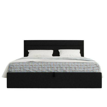 Elegant Hydraulic Lift Upholstered Storage Bed with Wingback Headboard, Linen Fabric, Button-Tufted Detailing, and Ample Under-Bed Storage for Bedding and Seasonal Items