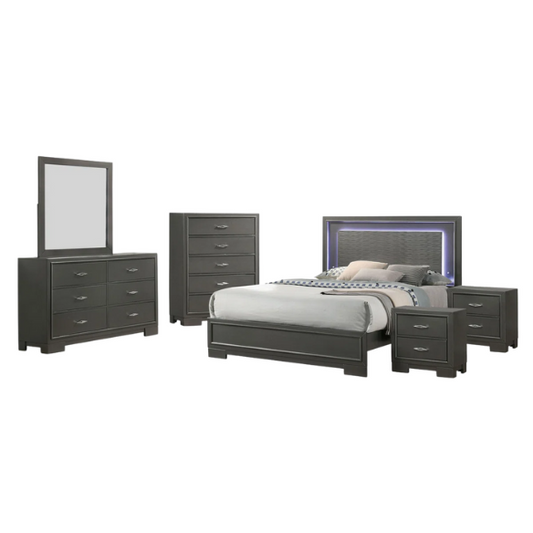 Contemporary 6-Piece Queen Bedroom Set in Solid Grey with LED-Illuminated Headboard, Textured Panels, and Eco-Friendly Rubberwood Construction