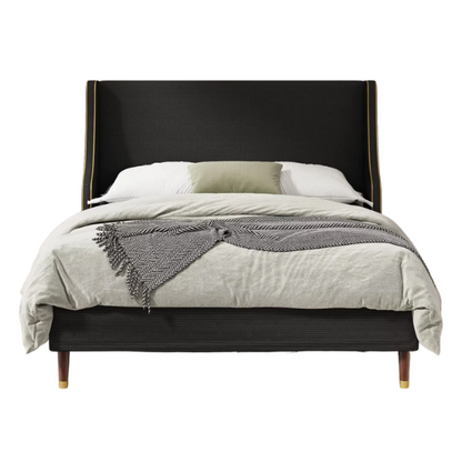 Elegant Linen Wingback Upholstered Platform Bed Frame – Luxurious Full Double Size Design with Gold Piping, Sturdy Support, and Effortless Assembly