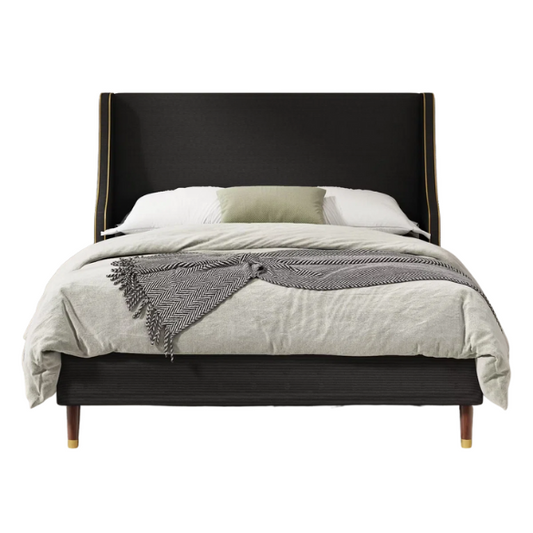 Elegant Linen Wingback Upholstered Platform Bed Frame – Luxurious Full Double Size Design with Gold Piping, Sturdy Support, and Effortless Assembly