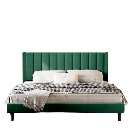 King Size Upholstered Platform Bed with Velvet Headboard, Foam Padding, and Noise-Free Construction for Ultimate Comfort