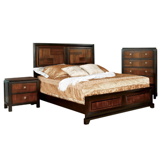 Elegant Sigh Rustic Walnut 3-Piece Queen Bedroom Set – Transitional Design with Solid Wood Construction, Chrome Accents, and Ample Storage