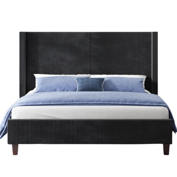 Modern King Size Corduroy Upholstered Bed with Wingback Design – Solid Wood and Metal Frame with Tapered Legs and Extra Cushioned Comfort