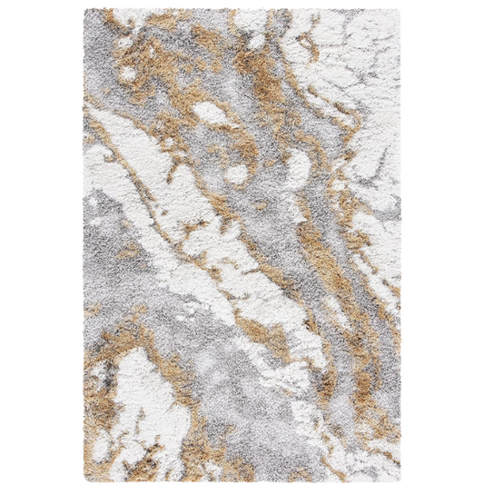 Plush Abstract Gold & Grey Pattern Shag Rug