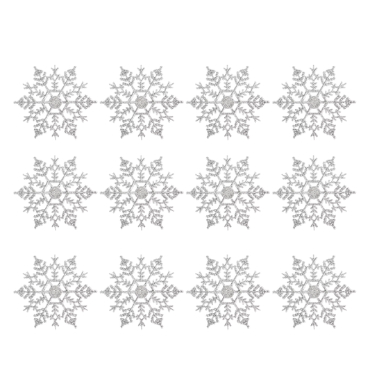 Silver Glitter Snowflake Christmas Ornaments – Whimsical Holiday Décor Set (12 Pieces)