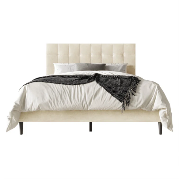 Luxurious Upholstered King Size Platform Bed with Tufted Velvet Headboard and Modern Tapered Legs – A Sophisticated Addition to Any Bedroom