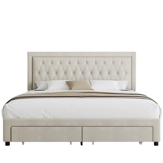 Luxurious King Size Velvet Tufted Upholstered Bed Frame with Adjustable Headboard, Button Tufting, and Nailhead Trim – No Box Spring Needed for Superior Support and Comfort