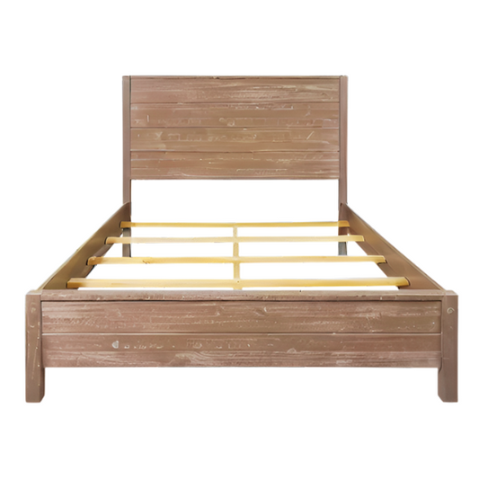Rustic Solid Pine Wood King Size Panel Bed with Distressed Finish and Streamlined Headboard
