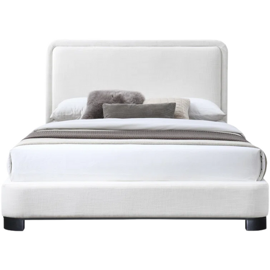 Luxurious Linen Textured Fabric King Size Upholstered Panel Bed with Solid Wood Base