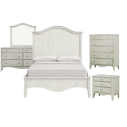 Rustic Charm Meets Chic Elegance: Solid Wood Platform King Size Bedroom Set with Scalloped Edges, Weathered White Wash Finish, Unique Grain Patterns, Angled Feet, and Oil-Rubbed Bronze Drawer Pulls