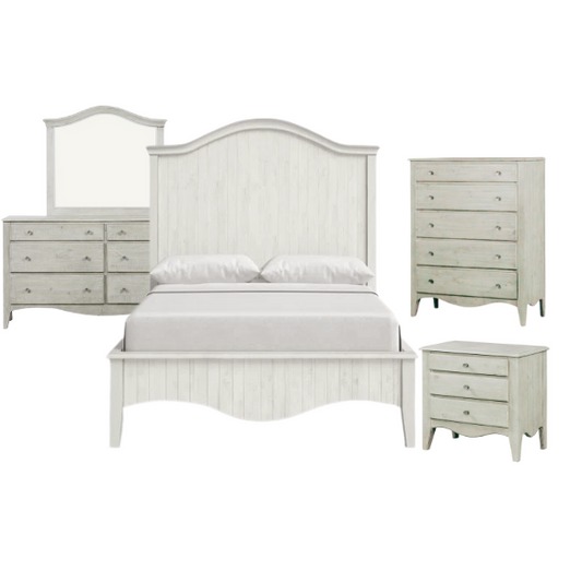 Rustic Charm Meets Chic Elegance: Solid Wood Platform King Size Bedroom Set with Scalloped Edges, Weathered White Wash Finish, Unique Grain Patterns, Angled Feet, and Oil-Rubbed Bronze Drawer Pulls