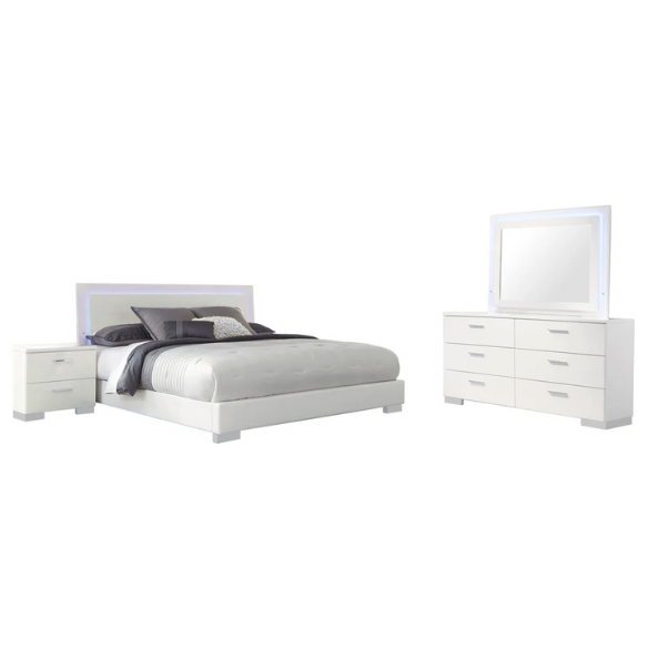 Modern 4-Piece Queen Bedroom Set in White High Gloss with LED Lighting, Touch-Activated Headboard, and Sleek Chrome Accents