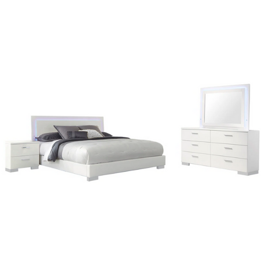 Modern 4-Piece Queen Bedroom Set in White High Gloss with LED Lighting, Touch-Activated Headboard, and Sleek Chrome Accents