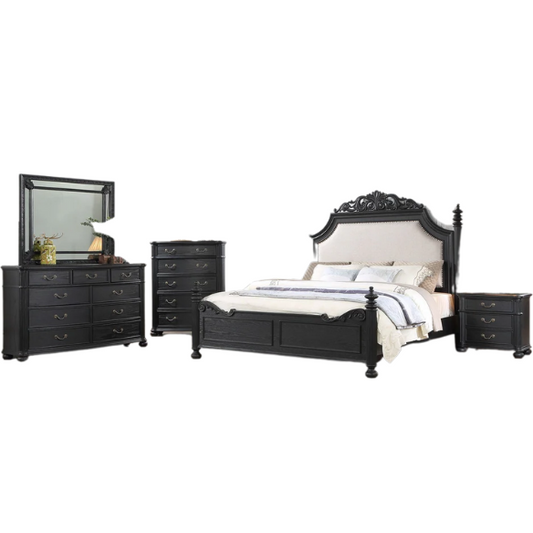 3-Piece Black Modern Contemporary Solid Wood & Veneers Fabric Upholstered Bedroom Set – Sleek, Sturdy Design with Luxurious Comfort