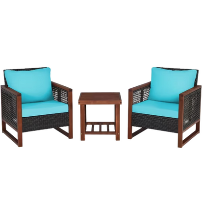 3-Piece Patio Wicker Furniture Set | Rattan Outdoor Sofa with Washable Cushions and Acacia Wood Coffee Table | Perfect for Garden and Backyard