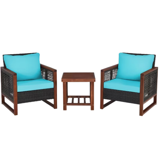 3-Piece Patio Wicker Furniture Set | Rattan Outdoor Sofa with Washable Cushions and Acacia Wood Coffee Table | Perfect for Garden and Backyard