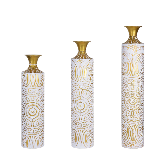 Elegant 3-Piece Ornate Metal Floor Vase Set – Gold Relief Medallion Detailing, Tall Flower Vases with Porcelain White Bodies and Golden Trumpet-Shaped Mouths, Perfect for Vintage-Inspired Décor