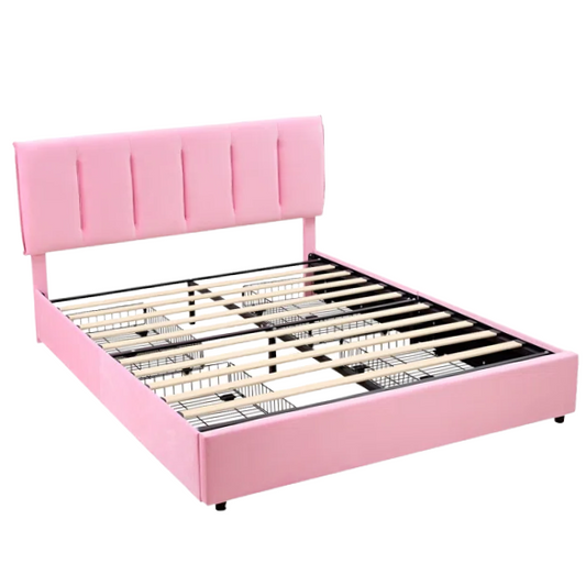 Velvet Upholstered Queen Size Platform Bed with Adjustable Headboard and 4 Storage Drawers