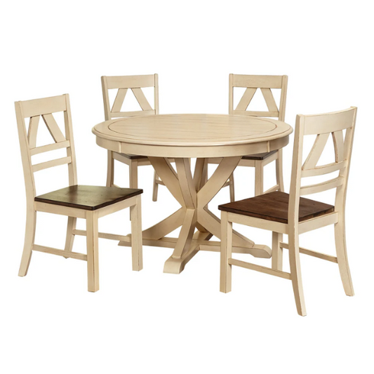 Country-Style 5-Piece Dining Set – Round Beadboard Table with X-Base and Geometric Back Chairs