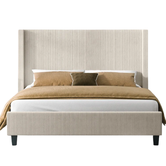 Modern King Size Corduroy Upholstered Bed with Wingback Design – Solid Wood and Metal Frame with Tapered Legs and Extra Cushioned Comfort
