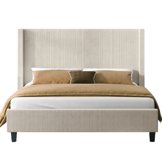 Modern King Size Corduroy Upholstered Bed with Wingback Design – Solid Wood and Metal Frame with Tapered Legs and Extra Cushioned Comfort