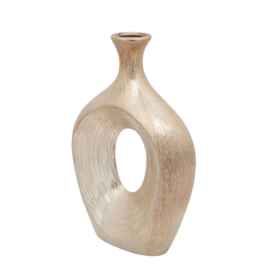 Abstract Sculptural Ceramic Vase with Unique Oval Cut-Out Design – 13" Modern Beaded Accent Vase for Tabletop or Shelf Décor, Ideal for Faux Florals and Statement Styling