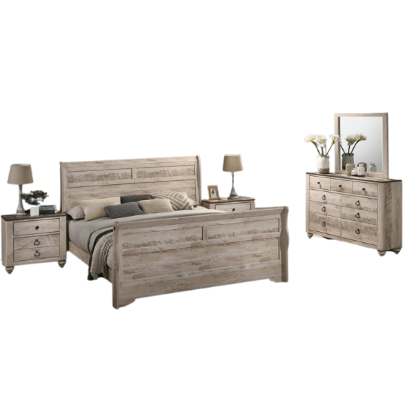 Shabby Elegance 5-Piece Sleigh Queen Bedroom Set – Vintage White-Washed Finish, Designer Antique Metal Pulls, and Spacious Drawers with Felt-Lined Top Drawers