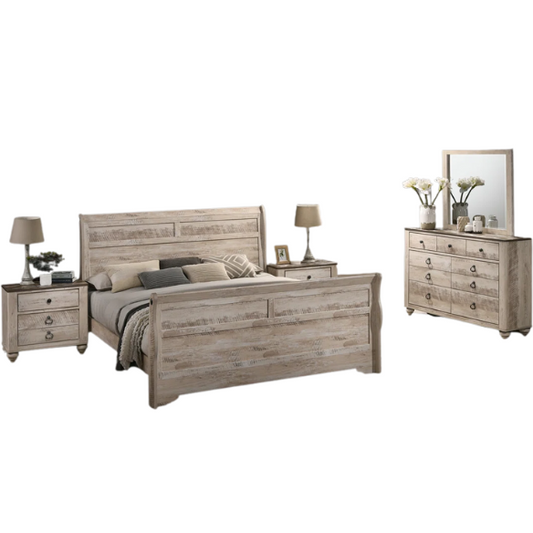 Shabby Elegance 5-Piece Sleigh Queen Bedroom Set – Vintage White-Washed Finish, Designer Antique Metal Pulls, and Spacious Drawers with Felt-Lined Top Drawers